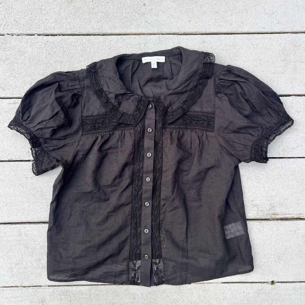 Maison D'Amelie Short Sleeve Lace-Inset Blouse Cotton Cottagecore-Size S